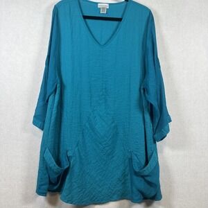 Soft Surroundings Turquoise Blue Tunic Top Shirt Blouse Mixed Media‎ Women's L